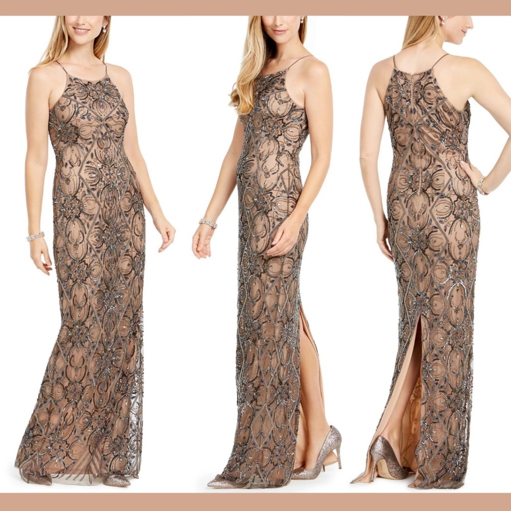 NWT Adrianna Papell Beaded Halter Neck Gown 8 Lead